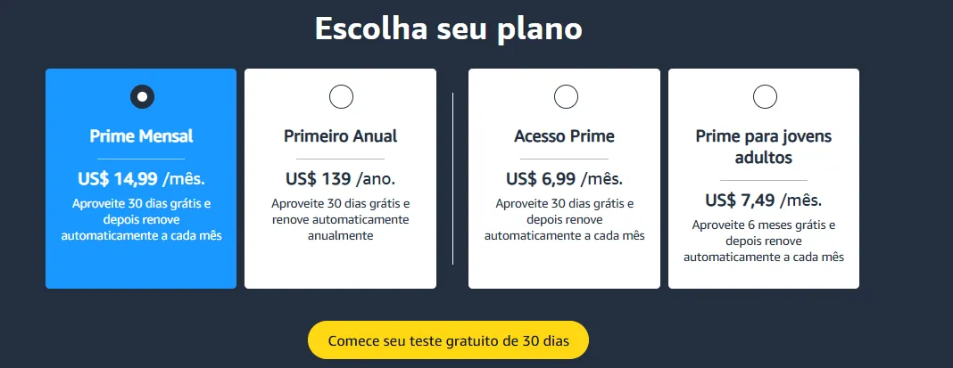 #FotoDescrição: Tela de comparação de planos da Amazon Prime com opções mensais e anuais em destaque.